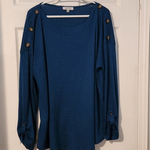Blue Ribbed Long Sleeve Shirt, Women's 2x - Picture 2 of 5